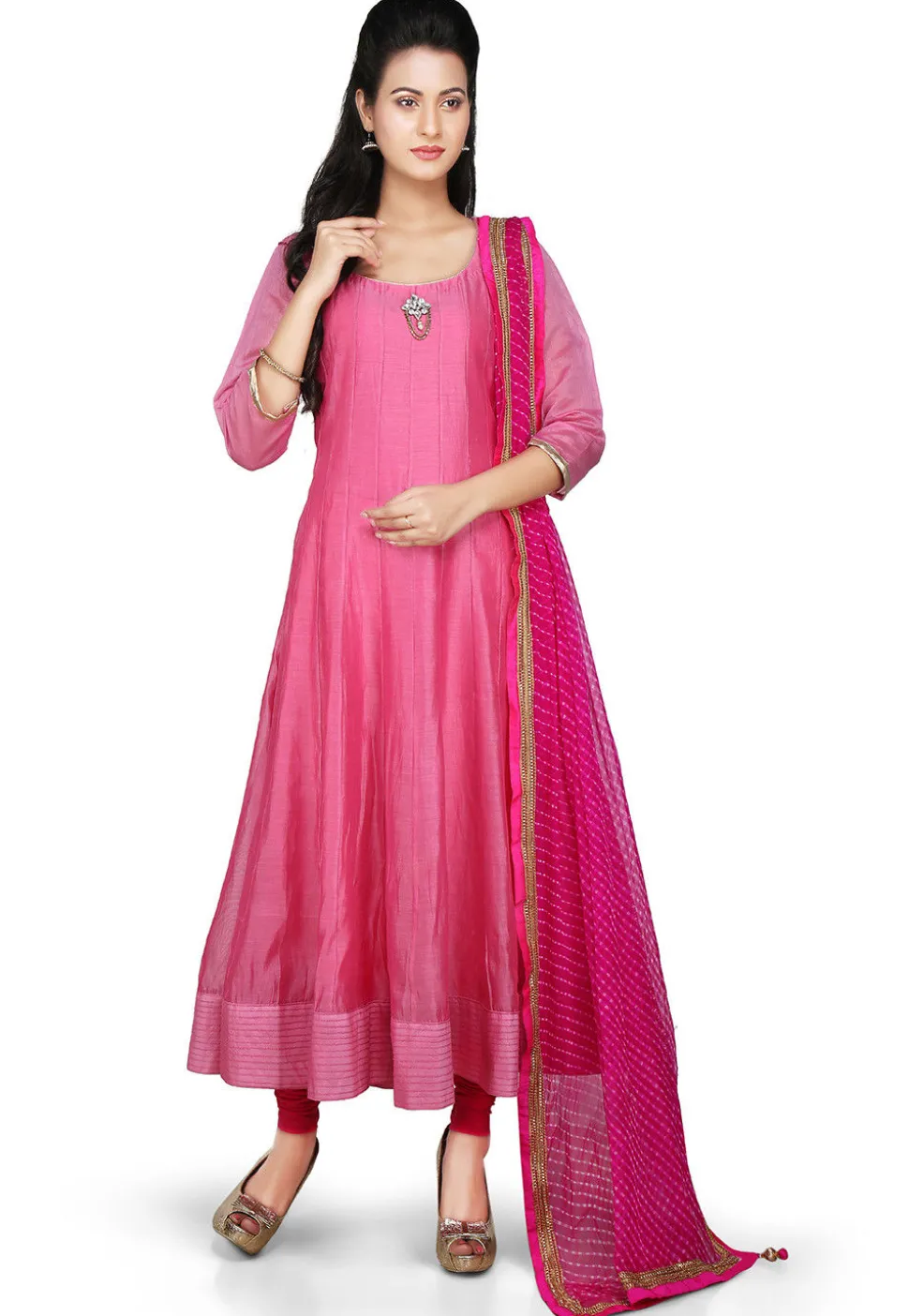 Plain Chanderi Silk Anarkali Suit in Pink