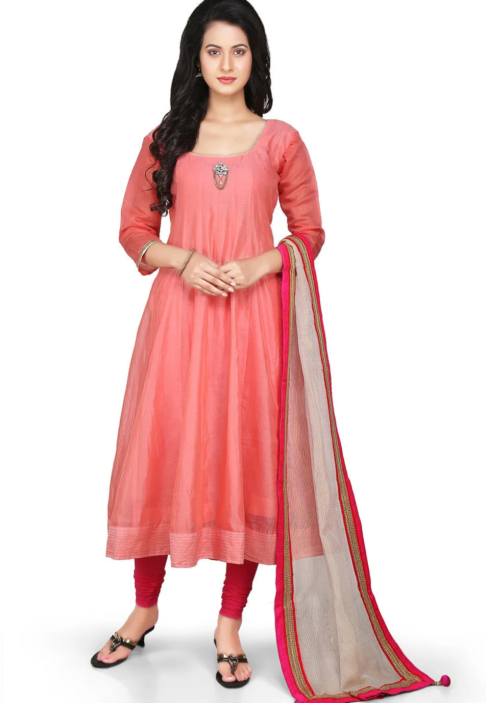 Plain Chanderi Silk Anarkali Suit in Peach