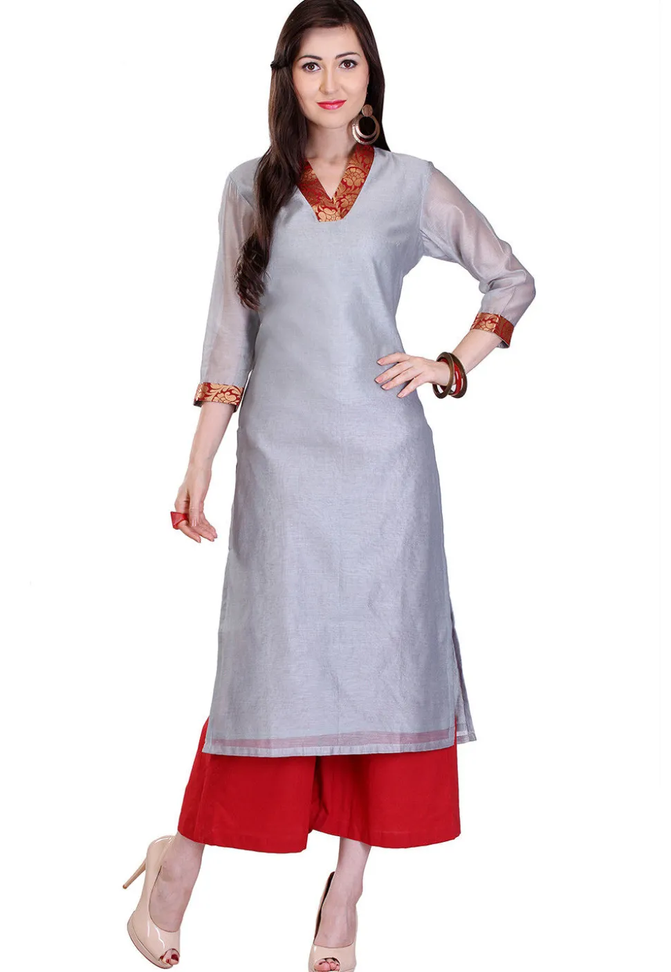 Plain Chanderi Silk Long Kurta in Grey