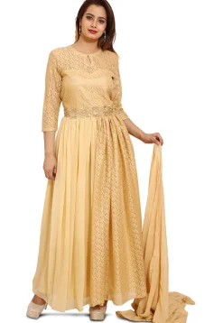 Plain Chantelle Net Abaya Style Suit in Beige