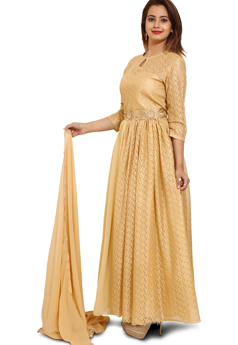 Plain Chantelle Net Abaya Style Suit in Beige