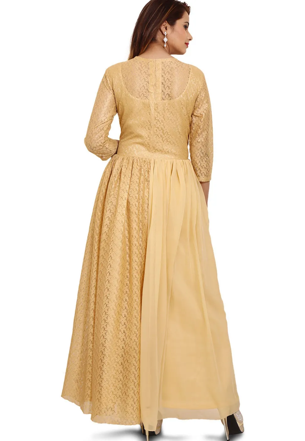 Plain Chantelle Net Abaya Style Suit in Beige