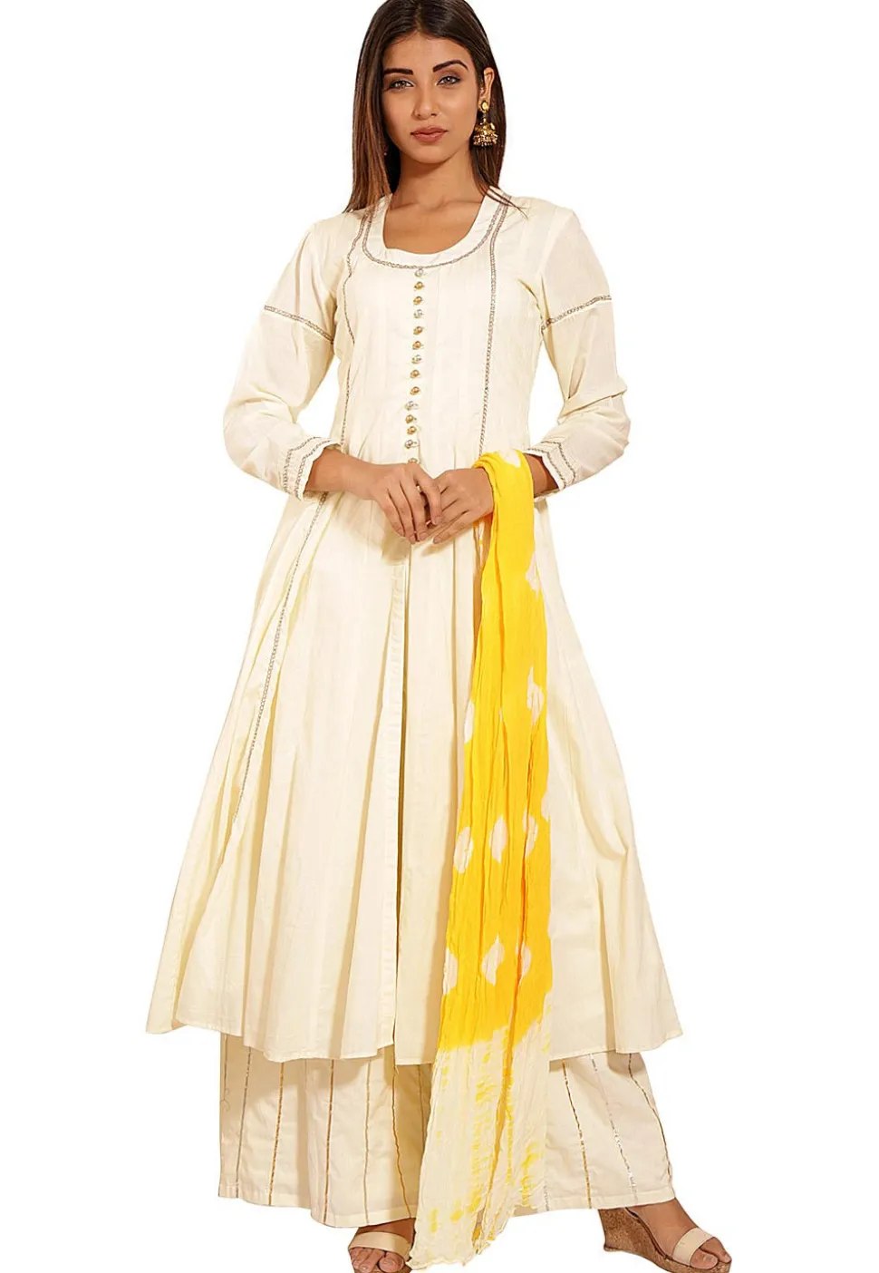 Plain Cotton A Line Suit in Off white