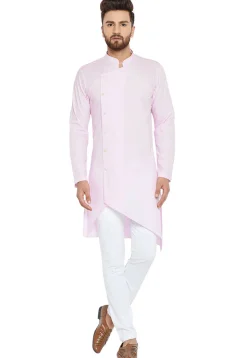 Plain Cotton Asymmetric Kurta Set in Baby Pink