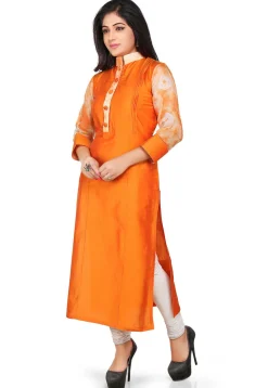 Plain Cotton Chanderi Long Kurta in Orange
