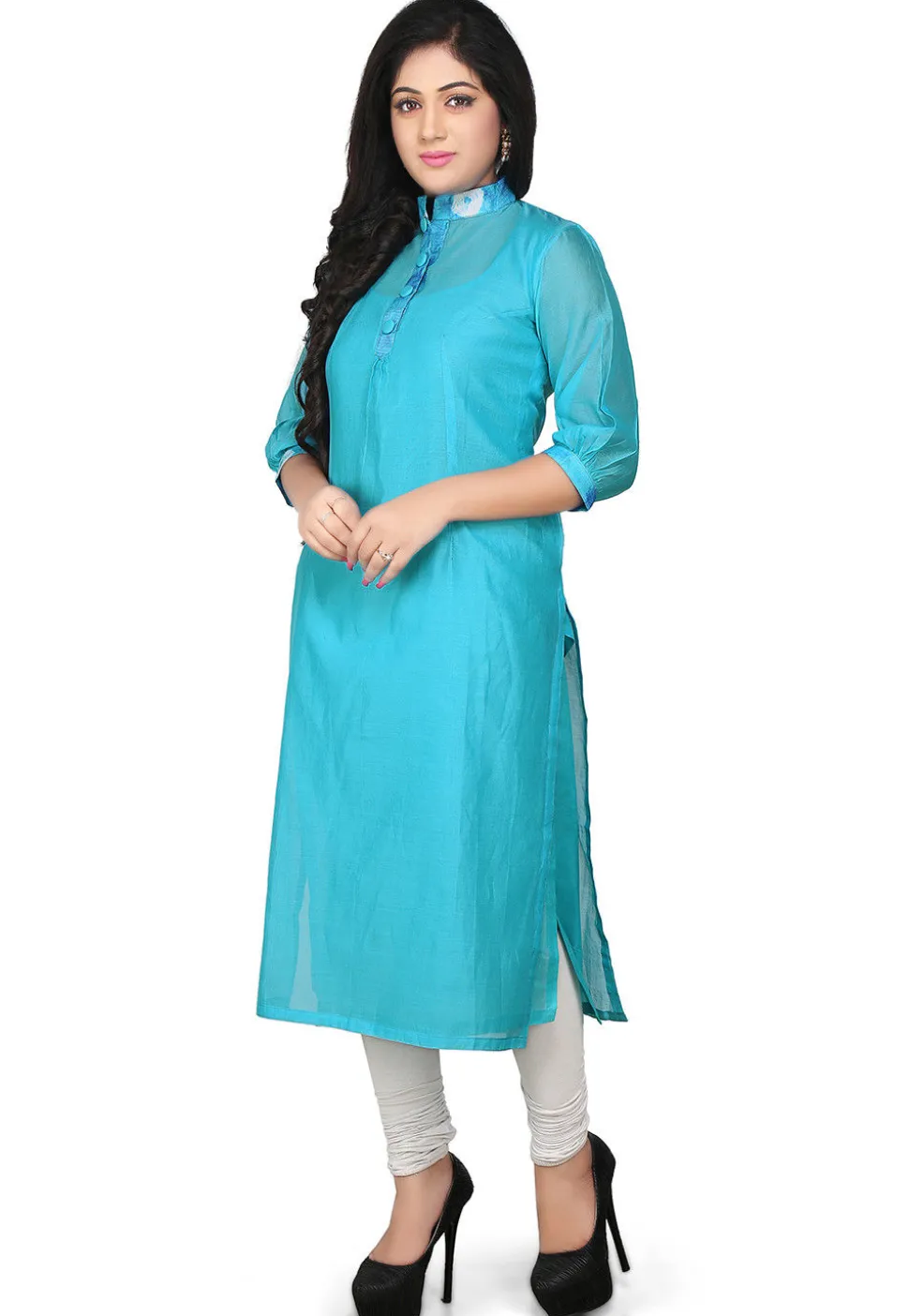Plain Cotton Chanderi Long Kurta in Turquoise