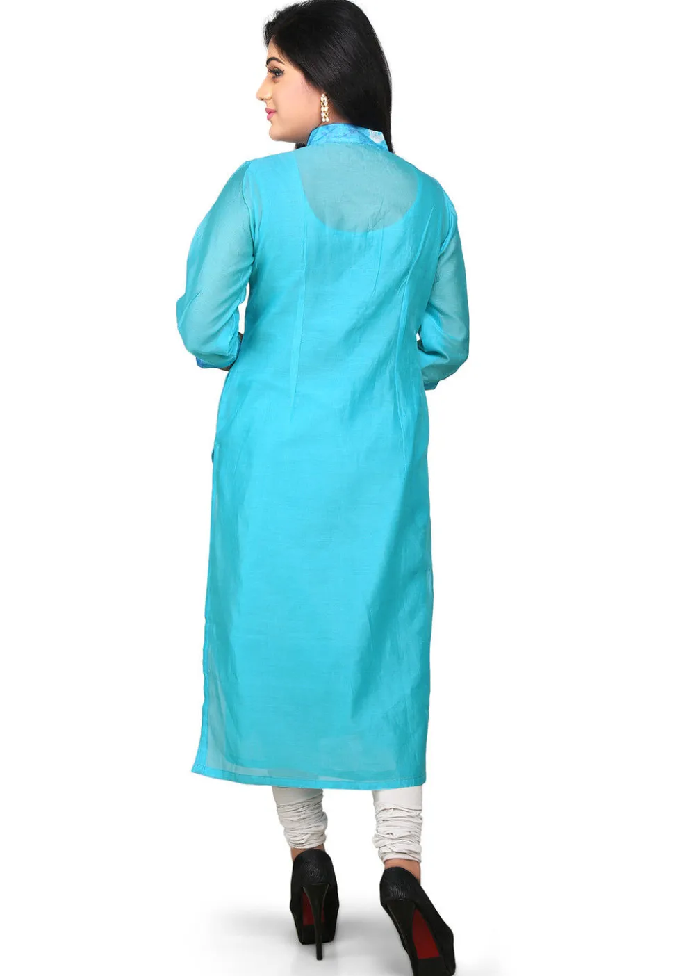 Plain Cotton Chanderi Long Kurta in Turquoise