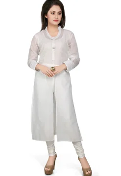 Plain Cotton Chanderi Long Kurta in White