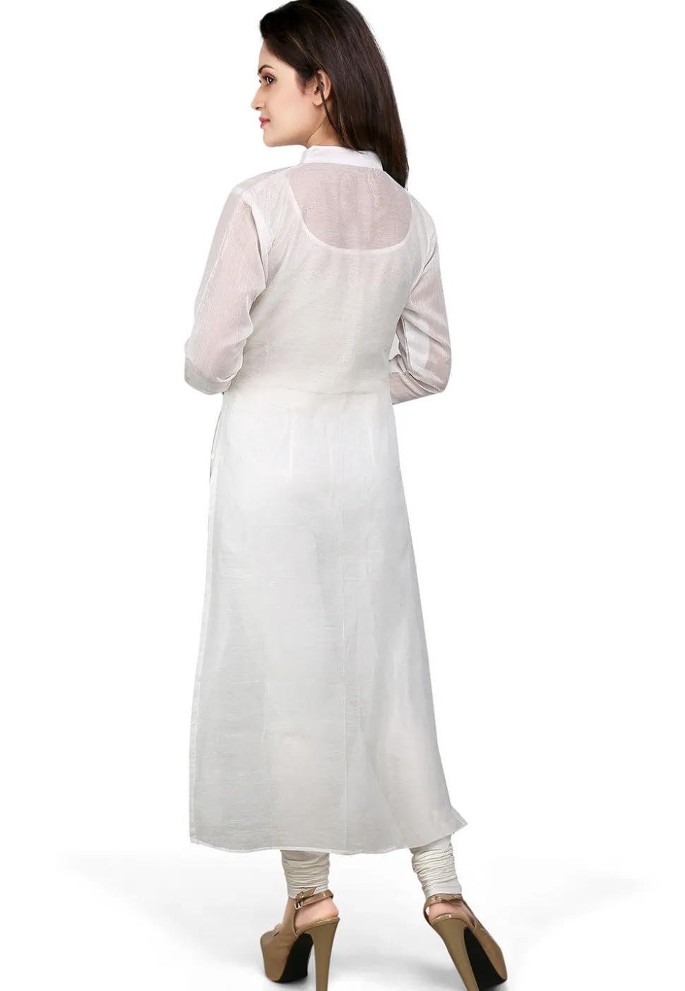 Plain Cotton Chanderi Long Kurta in White