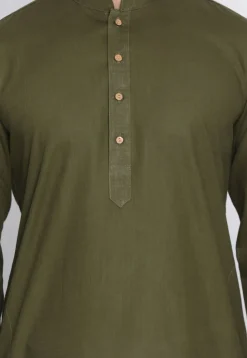 Plain Cotton Kurta in Dark Olive Green