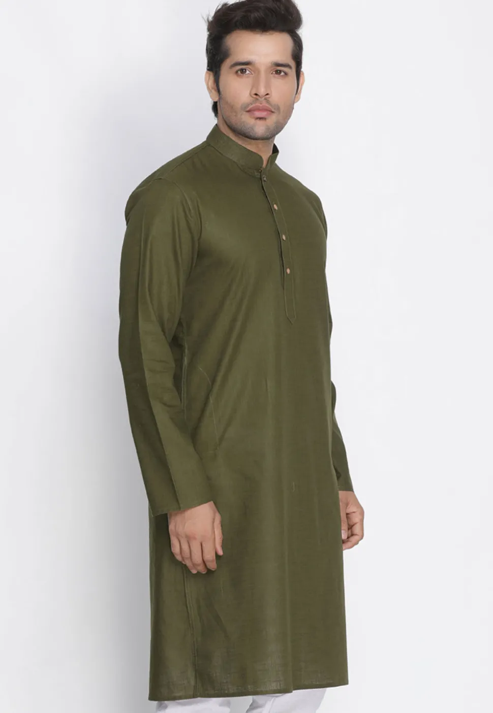 Plain Cotton Kurta in Dark Olive Green