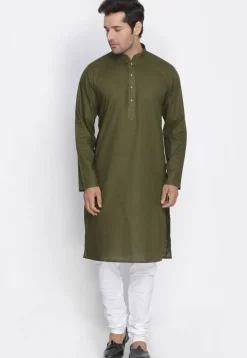 Plain Cotton Kurta in Dark Olive Green