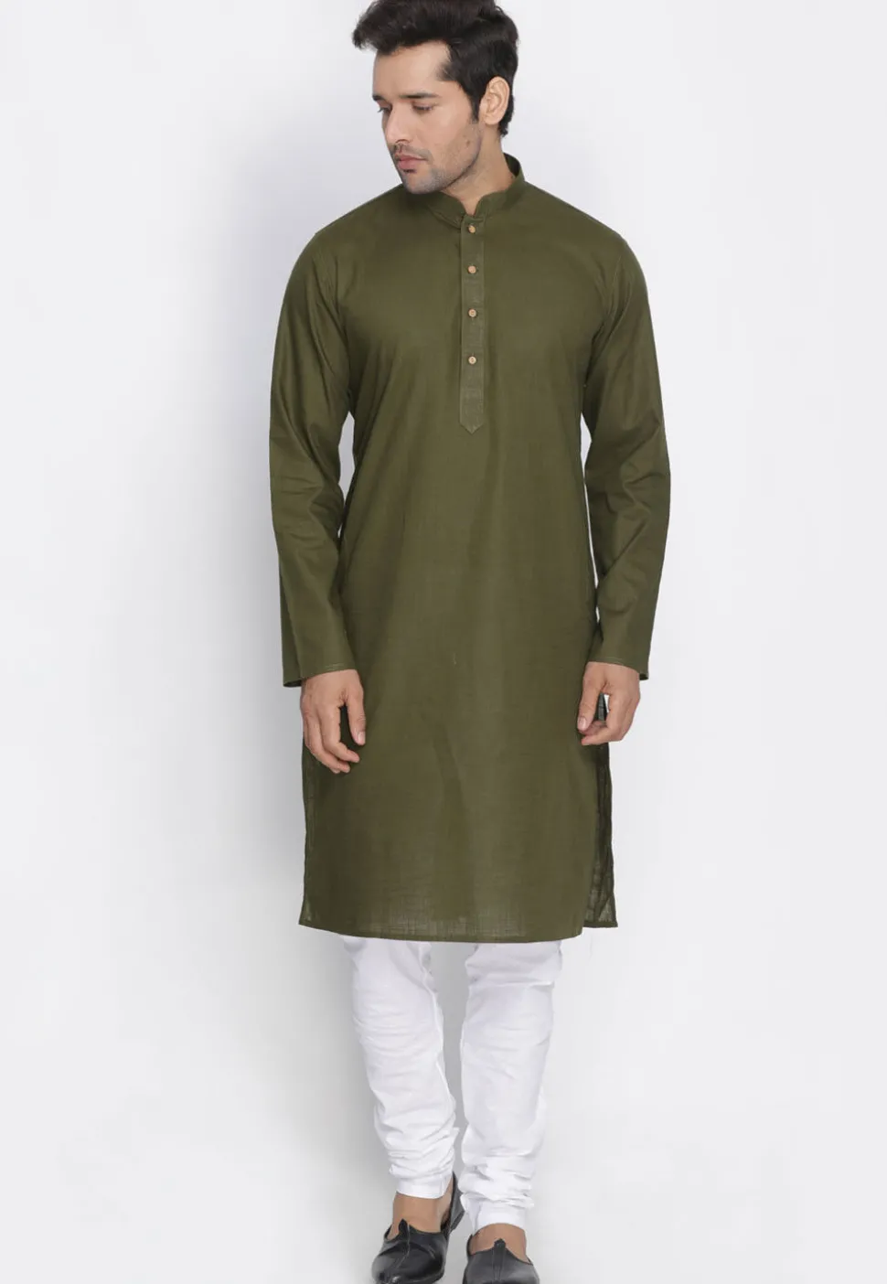Plain Cotton Kurta in Dark Olive Green