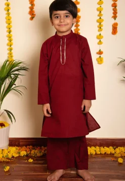 Plain Cotton Kurta Set in Maroon