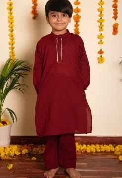 Plain Cotton Kurta Set in Maroon