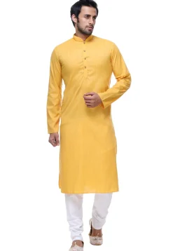 Plain Cotton Kurta Set in Yellow