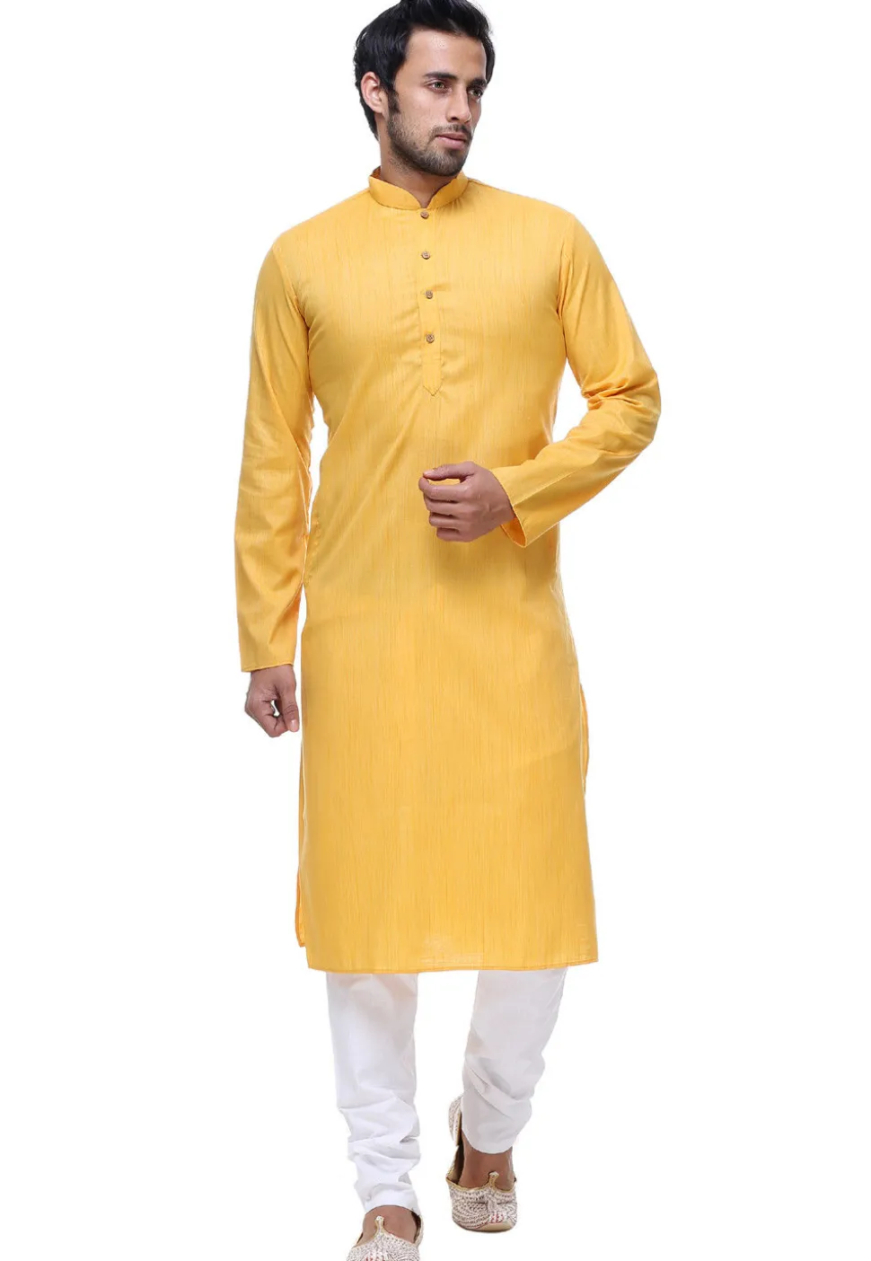Plain Cotton Kurta Set in Yellow