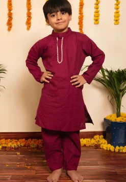 Plain Cotton Kurta Set in Wine