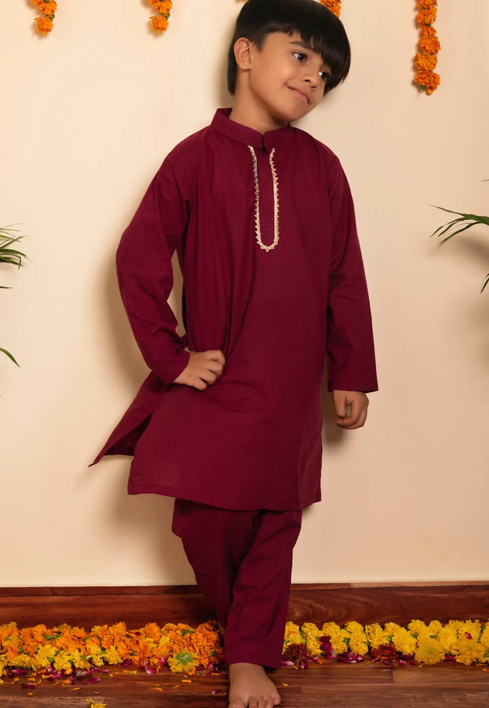 Plain Cotton Kurta Set in Wine
