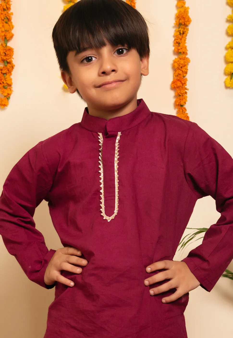 Plain Cotton Kurta Set in Wine