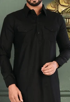 Plain Cotton Linen Pathani Suit in Black