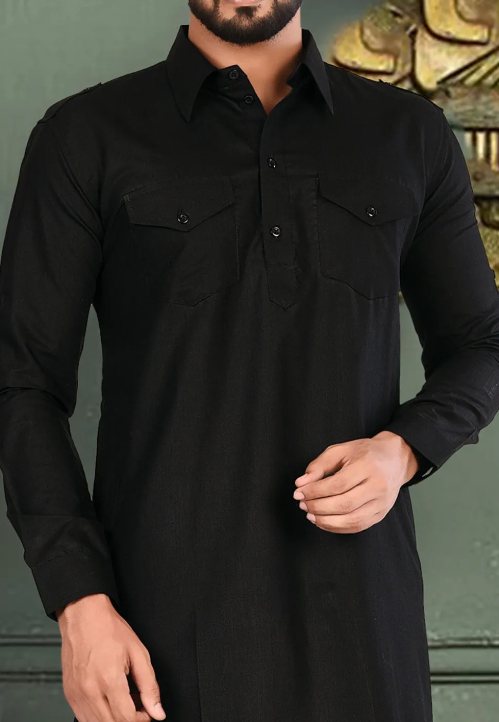 Plain Cotton Linen Pathani Suit in Black