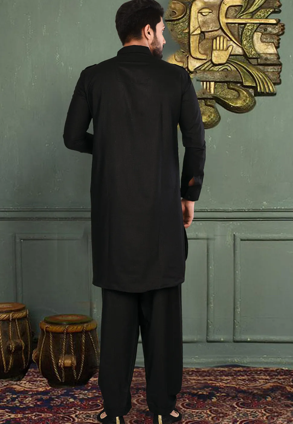 Plain Cotton Linen Pathani Suit in Black