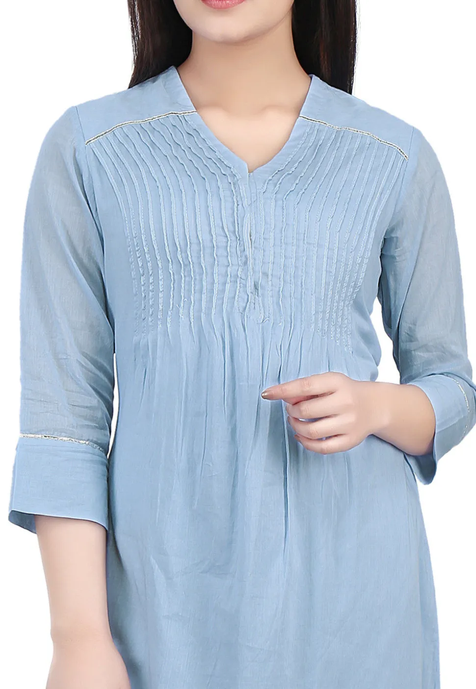 Plain Cotton Mulmul Kurti in Sky Blue