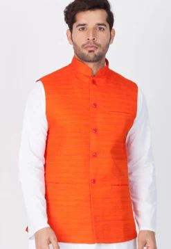 Plain Cotton Nehru Jacket in Orange
