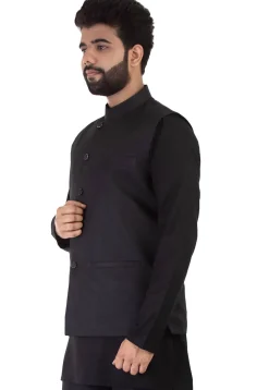 Plain Cotton Nehru Jacket in Black