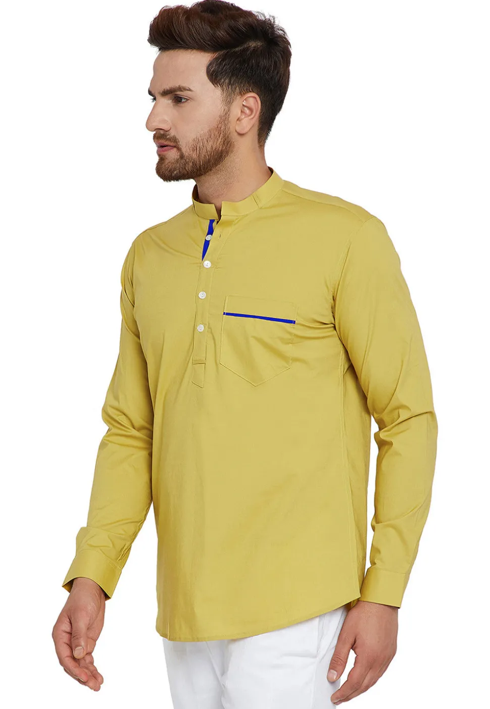 Plain Cotton Short Kurta in Light Olive Green