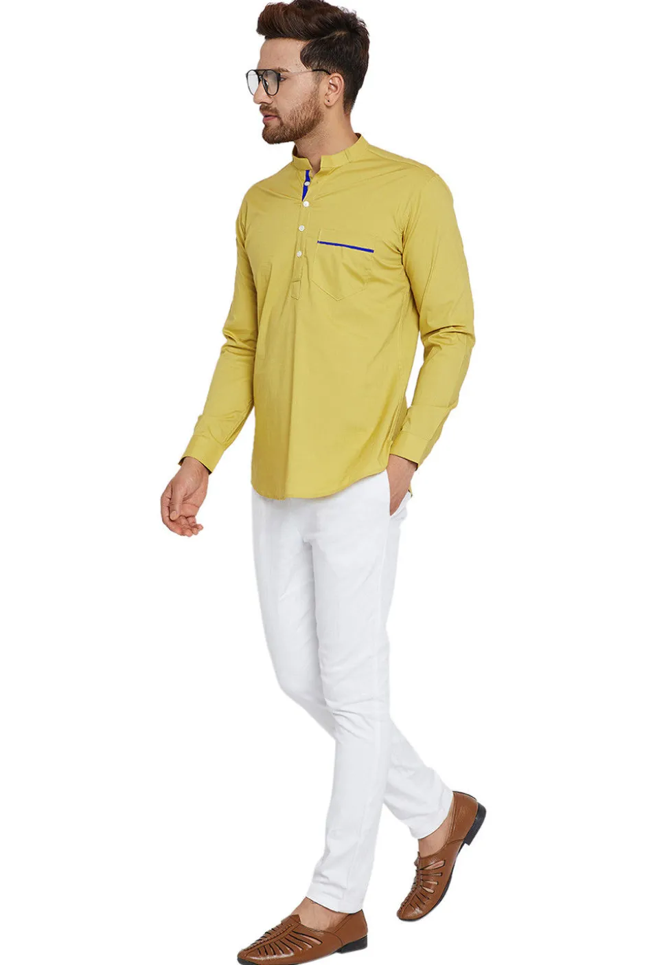 Plain Cotton Short Kurta in Light Olive Green