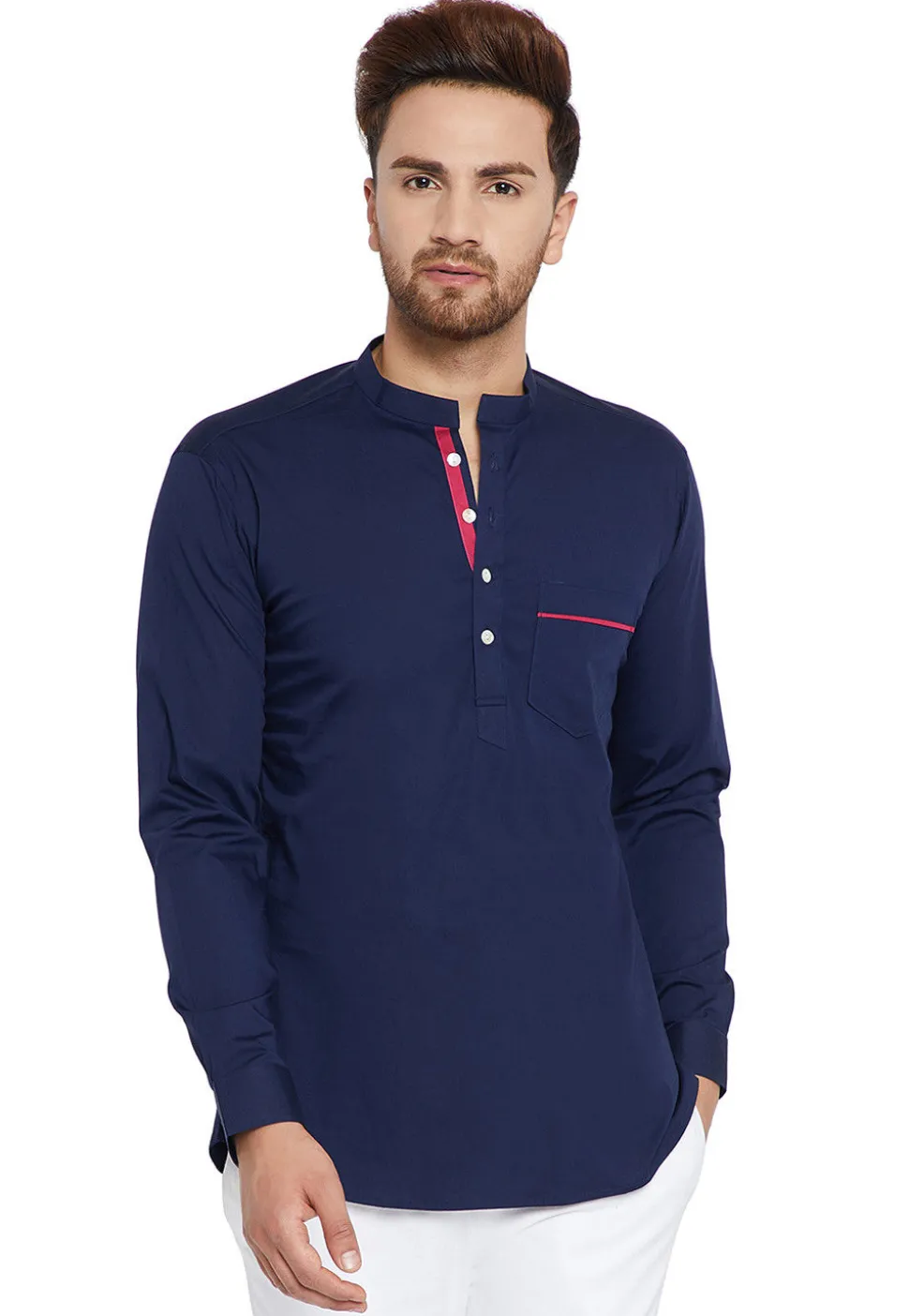 Plain Cotton Short Kurta in Navy Blue