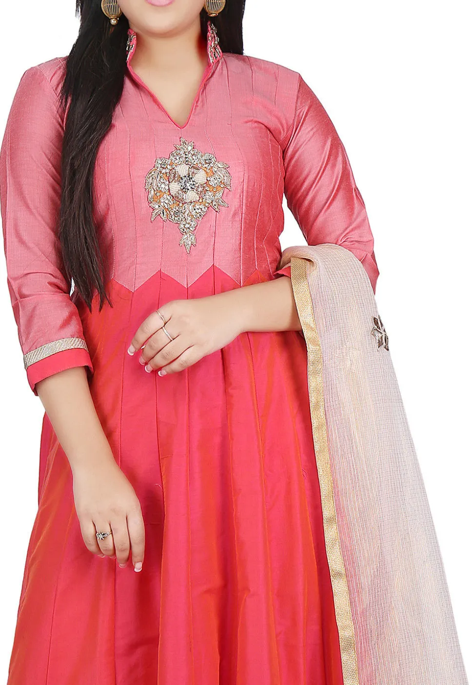 Plain Cotton Silk Abaya Style Suit in Fuchsia and Coral