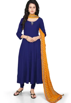 Plain Cotton Silk Anarkali Suit in Dark Blue