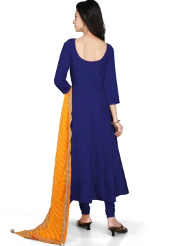 Plain Cotton Silk Anarkali Suit in Dark Blue