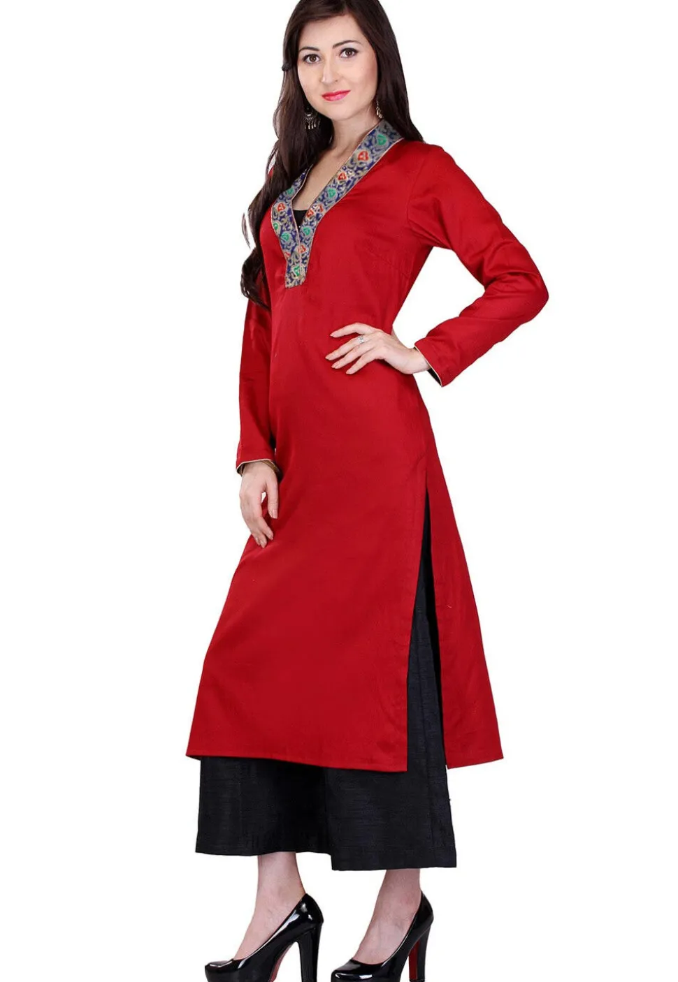 Plain Cotton Silk and Art Silk Brocade Long Kurta in Maroon