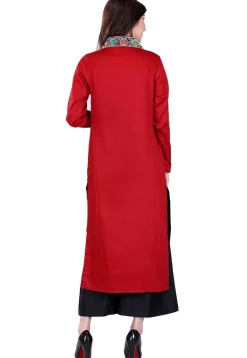 Plain Cotton Silk and Art Silk Brocade Long Kurta in Maroon