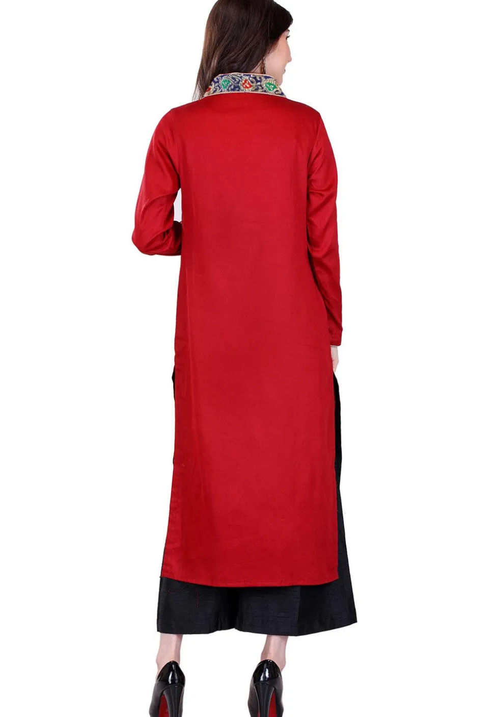 Plain Cotton Silk and Art Silk Brocade Long Kurta in Maroon