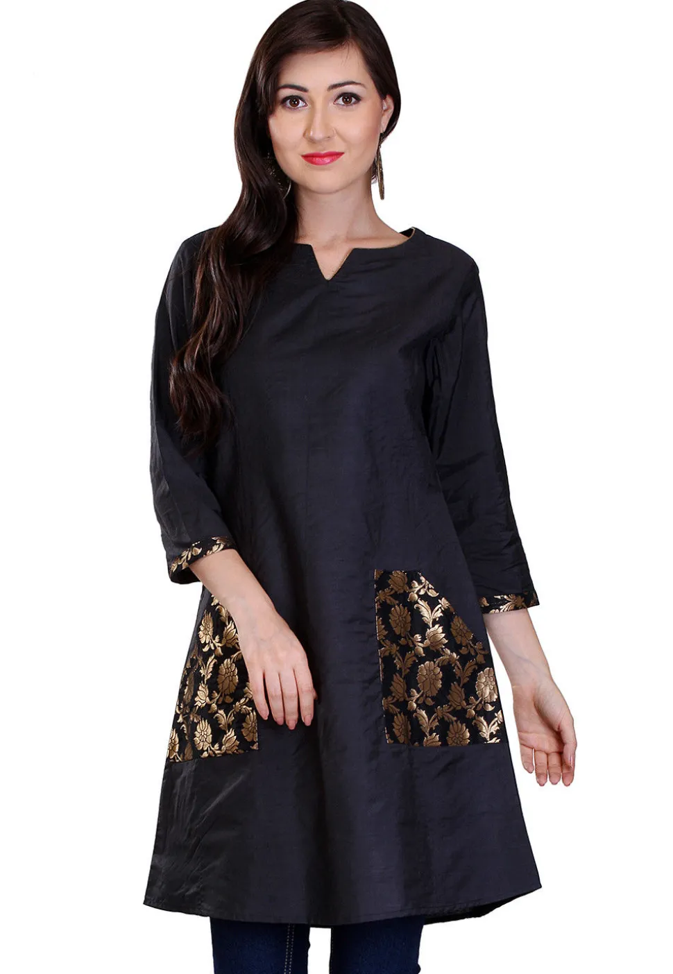 Plain Cotton Silk and Brocade Silk Kurti in Black