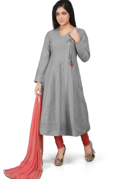 Plain Cotton Silk Angrakha Style Anarkali Suit in Grey