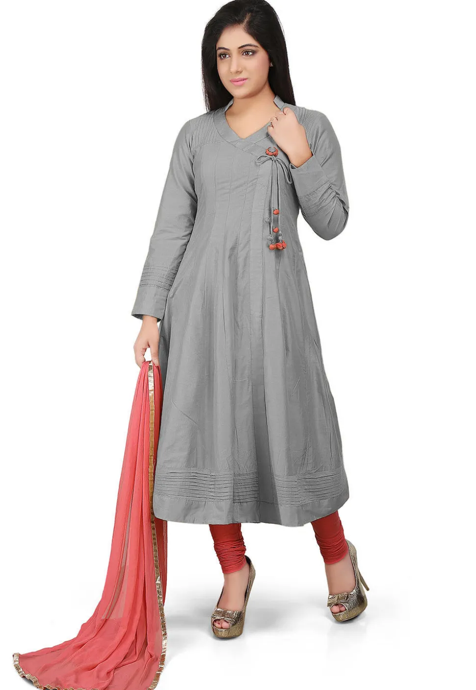 Plain Cotton Silk Angrakha Style Anarkali Suit in Grey