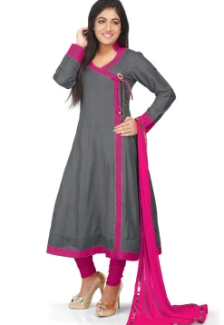 Plain Cotton Silk Angrakha Style Anarkali Suit in Grey