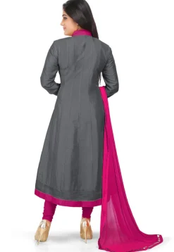 Plain Cotton Silk Angrakha Style Anarkali Suit in Grey