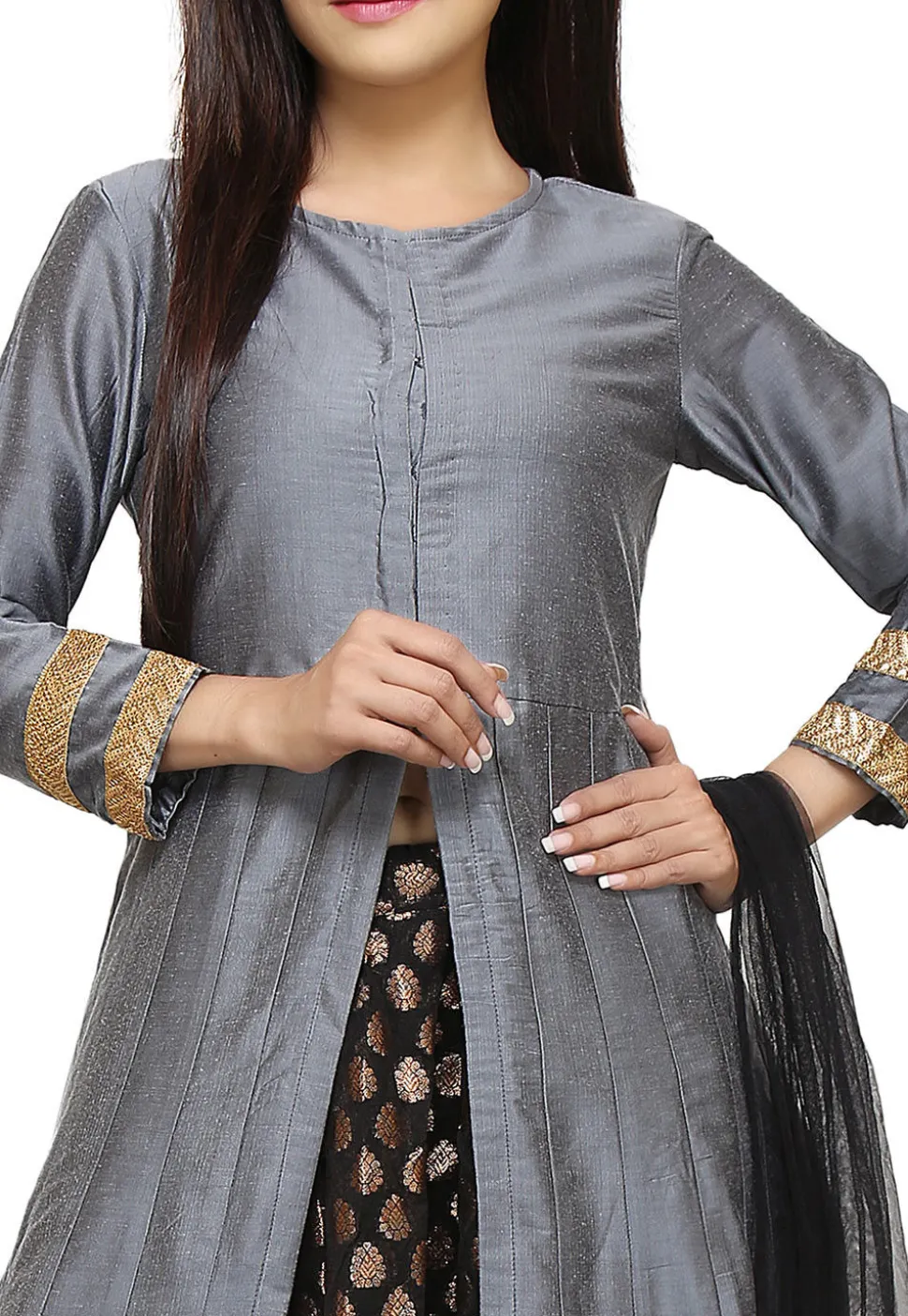 Plain Cotton Silk Lehenga in Grey and Black
