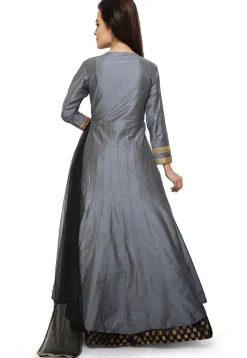 Plain Cotton Silk Lehenga in Grey and Black