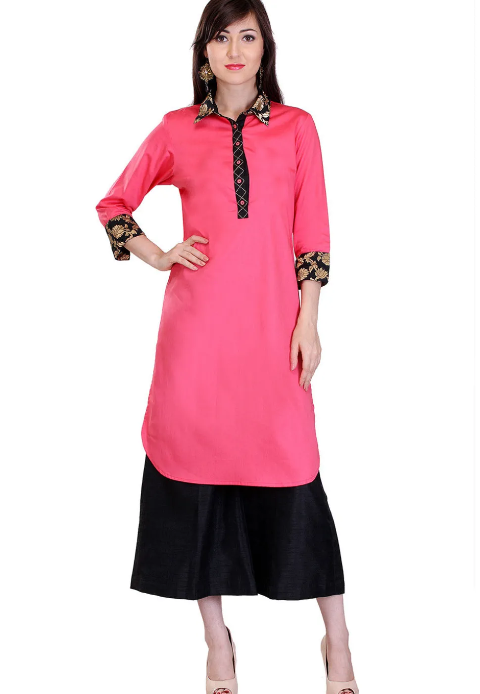 Plain Cotton Silk Long Kurta in Pink