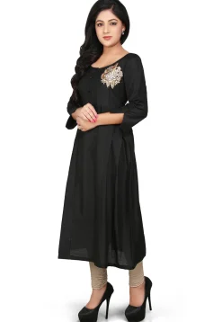 Plain Cotton Silk Long Kurta in Black