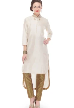 Plain Cotton Silk Long Kurta in Off White