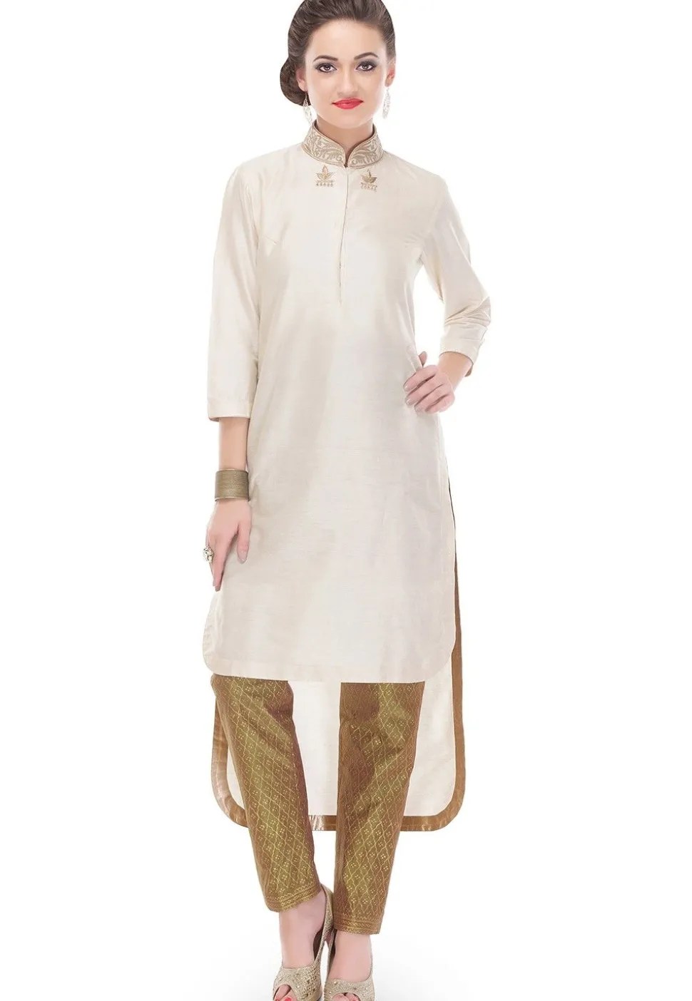 Plain Cotton Silk Long Kurta in Off White